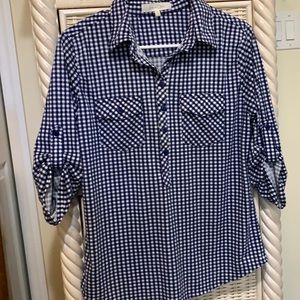 Eden & Olivia shirt with quarter sleeve, Size M, navy & white checks,